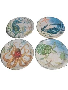 4 Pier 1 Imports Melamine 9” Plates Sea/Beach/Ocean~Seahorse/Turtle/Crab/Octopus